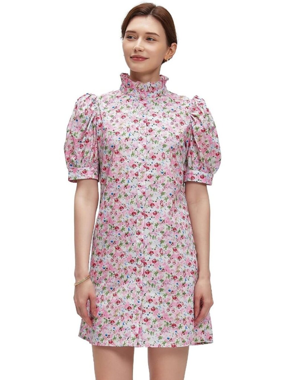 Floral Mini Dress for Women - Ruffle Neck, Puffer Sleeves, Boho Beach Style